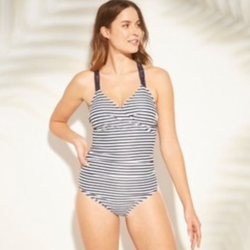 Kona Sol Shirred Macrame Strap Striped One Piece Swimsuit, Blue White XL NWOT